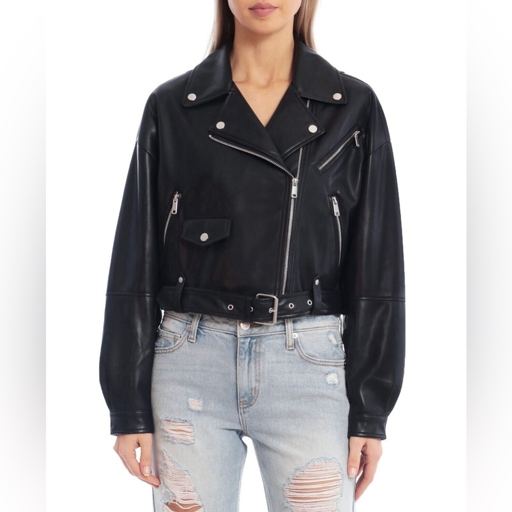 Avec Les Filles - Oversized Faux Leather Cropped Biker Moto Jacket - Size Small​